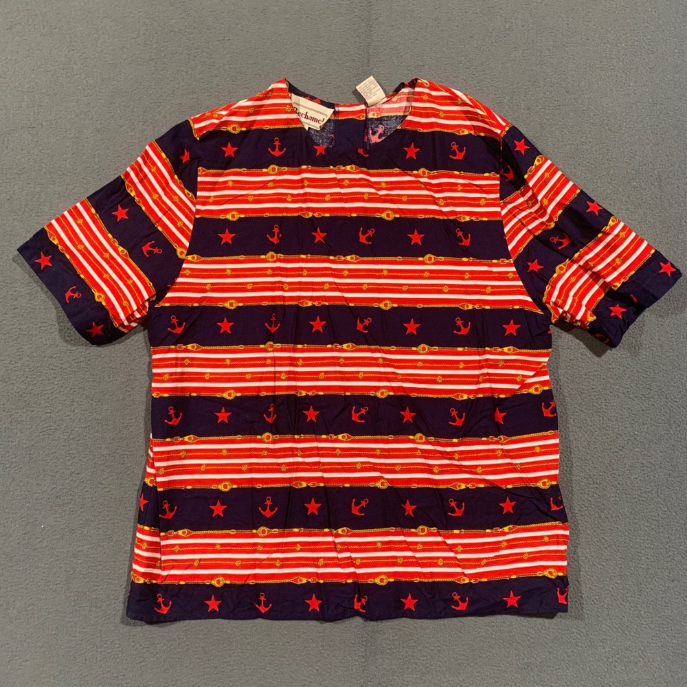 Bechamel Nautical Blouse Womens 10 Navy‎ Red Striped Anchor Star Cruise Vintage